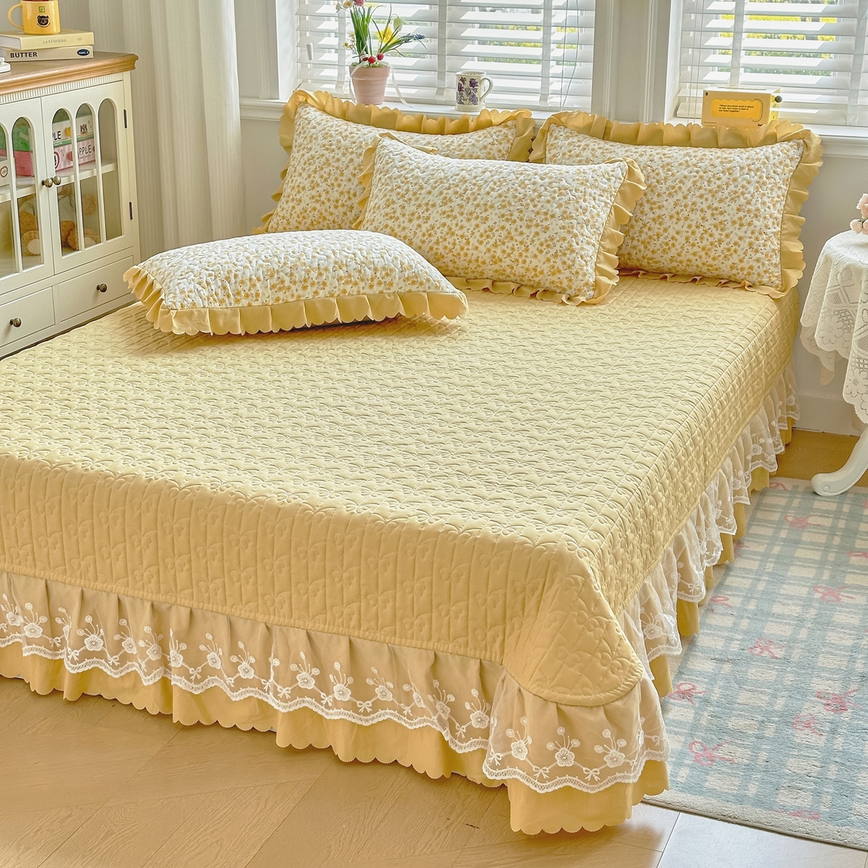 91家纺网 家纺一手货源 找家纺 雅眠居 2026直播爆款双层蕾丝花边夏被款床盖款四件套 AB版-小时光