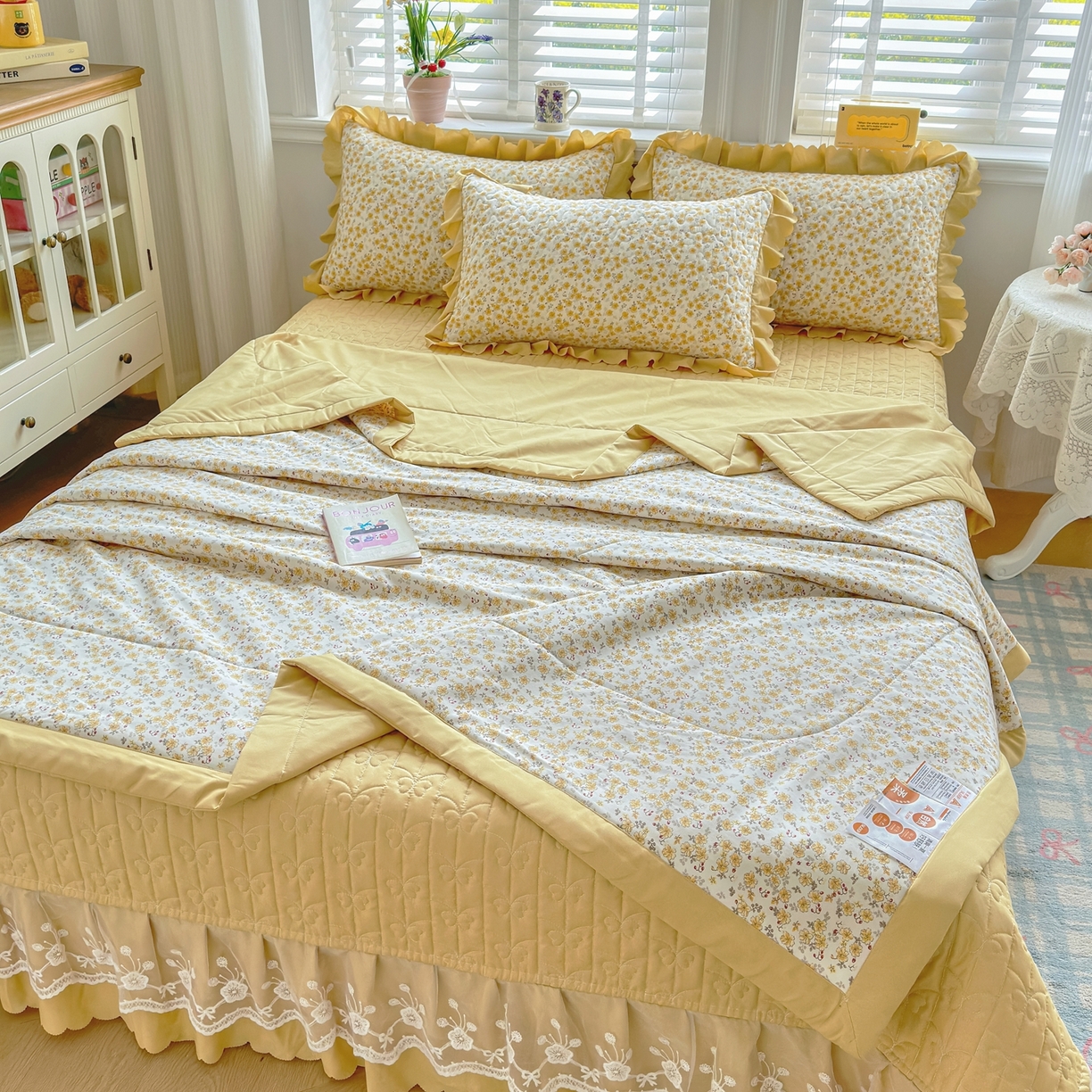 91家纺网 家纺一手货源 找家纺 雅眠居 2026直播爆款双层蕾丝花边夏被款床盖款四件套 AB版-小时光