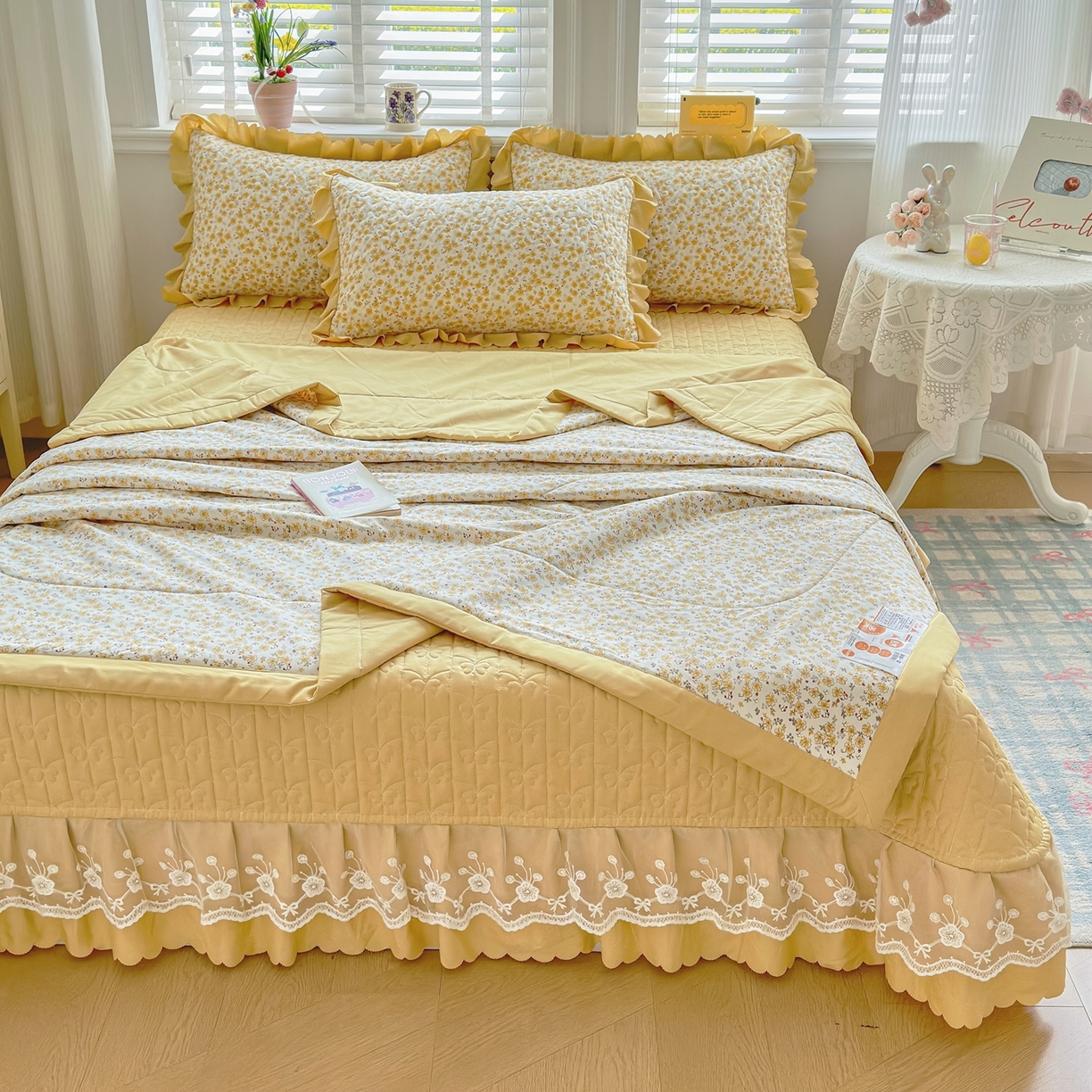 91家纺网 家纺一手货源 找家纺 雅眠居 2026直播爆款双层蕾丝花边夏被款床盖款四件套 AB版-小时光