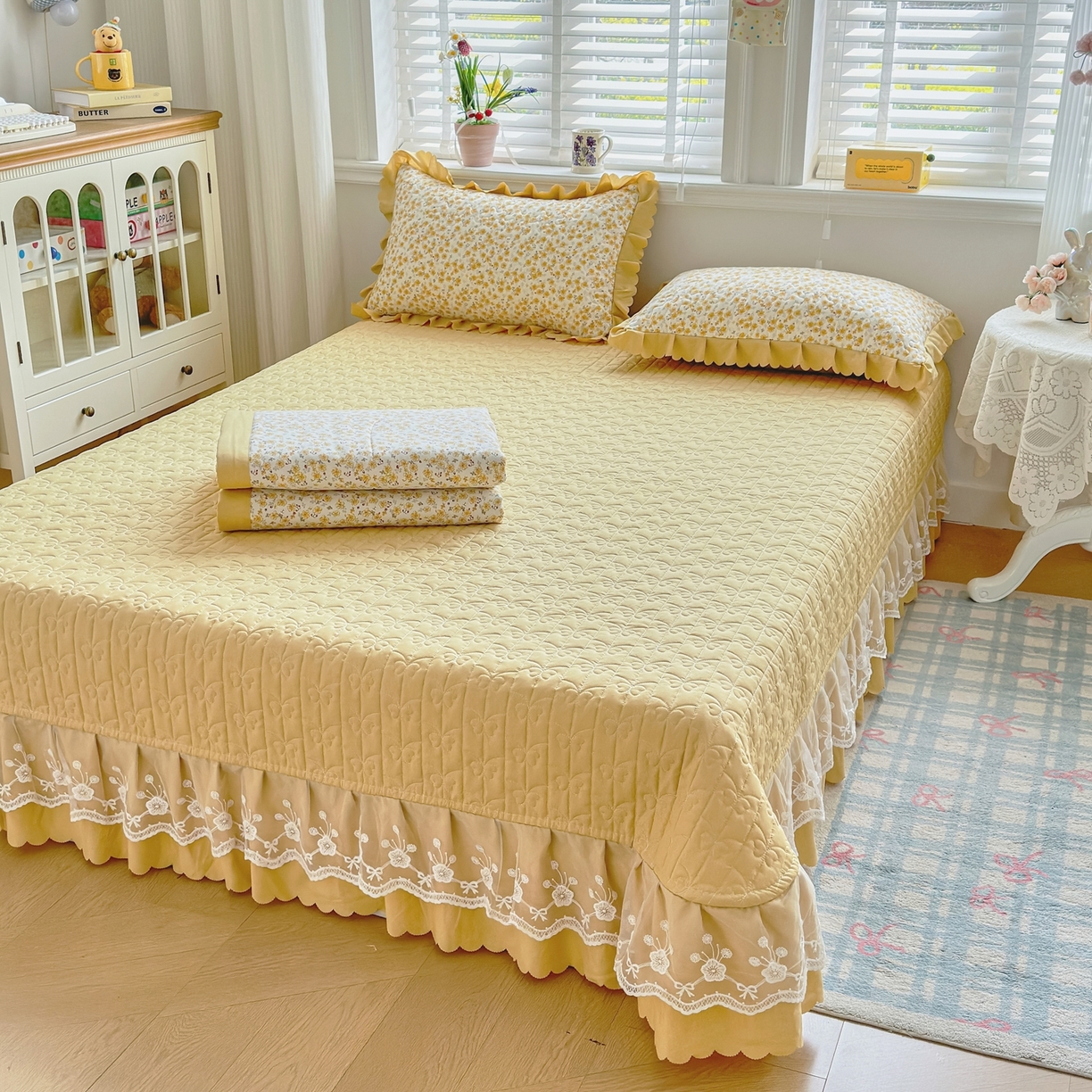 91家纺网 家纺一手货源 找家纺 雅眠居 2026直播爆款双层蕾丝花边夏被款床盖款四件套 AB版-小时光