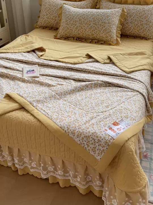 91家纺网 家纺一手货源 找家纺 雅眠居 2026直播爆款双层蕾丝花边夏被款床盖款四件套 AB版-小时光