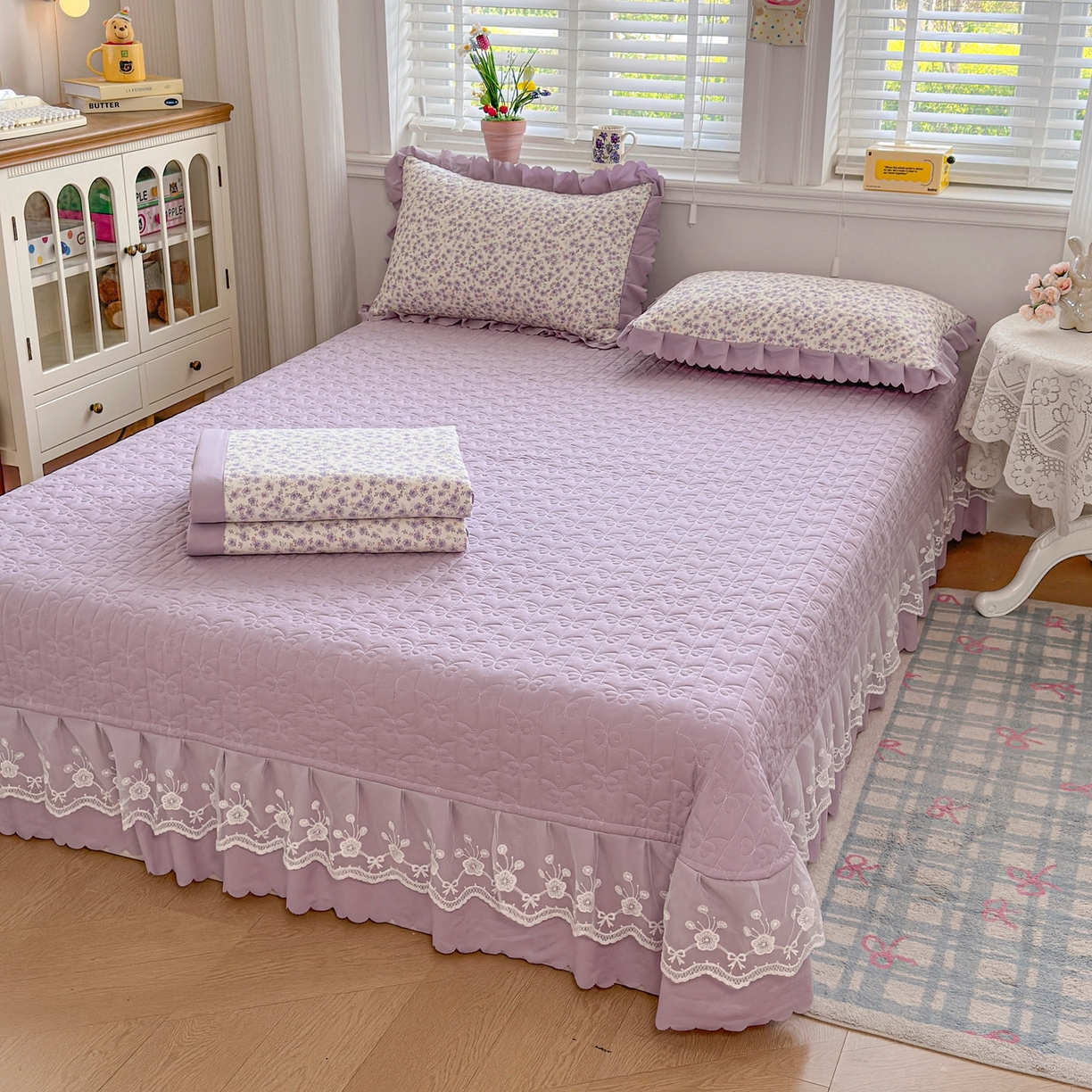 91家纺网 家纺一手货源 找家纺 雅眠居 2026直播爆款双层蕾丝花边夏被款床盖款四件套 AB版-紫萱