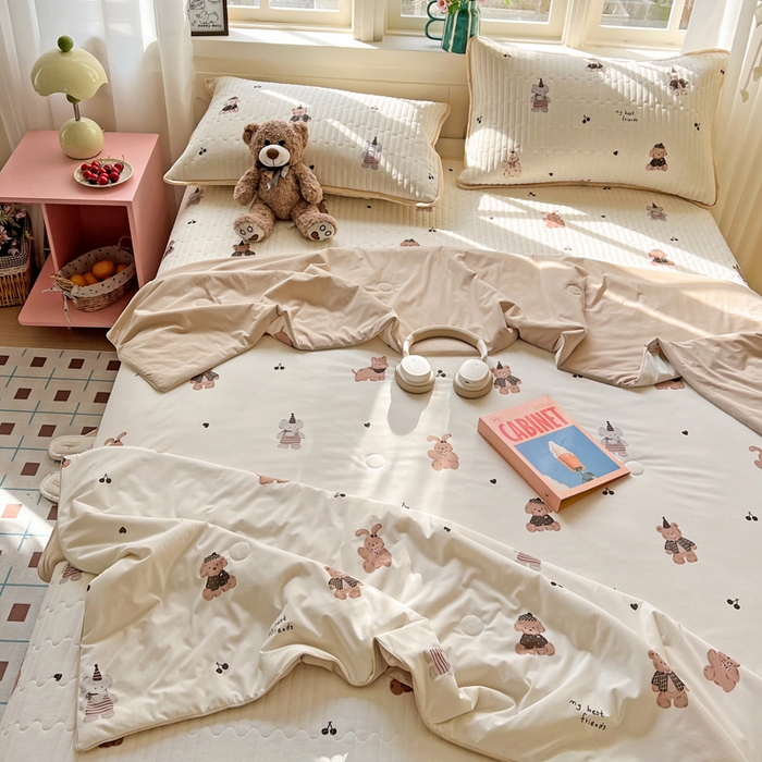 91家纺网 家纺一手货源 找家纺 卡普二店 2026新款A类锦氨凉感印花夏被四件套床盖凉席款--单夏被 奶咖萌宠