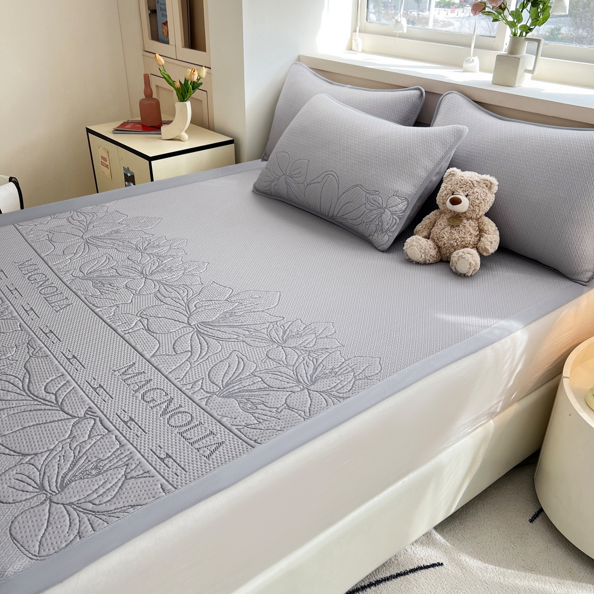 91家纺网 家纺一手货源 找家纺 能好家纺 2026新款高分子pe冰豆豆凉席床席款 半夏灰