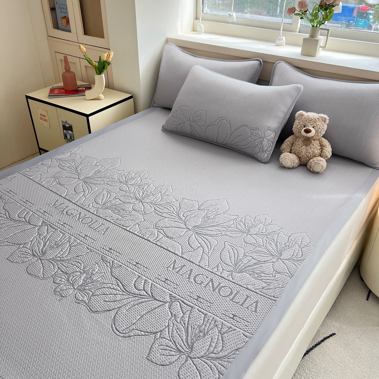 91家纺网 家纺一手货源 找家纺 能好家纺 2026新款高分子pe冰豆豆凉席床席款 半夏灰