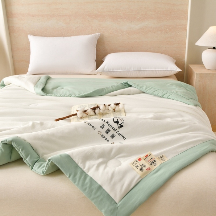 91家纺网 家纺一手货源 找家纺 好梦来家纺【高克重】2026新款无印风水洗棉新疆棉花被夏被夏凉被空调被子 【常年有货】 清夏-白绿
