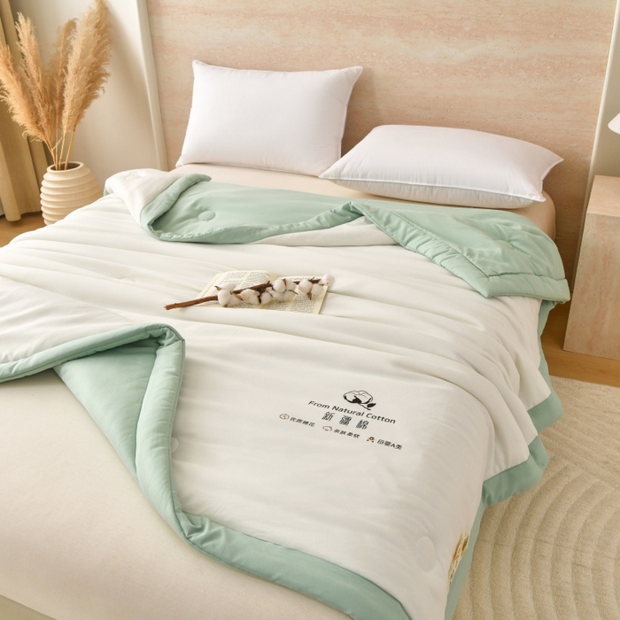 91家纺网 家纺一手货源 找家纺 好梦来家纺【高克重】2026新款无印风水洗棉新疆棉花被夏被夏凉被空调被子 【常年有货】 清夏-白绿