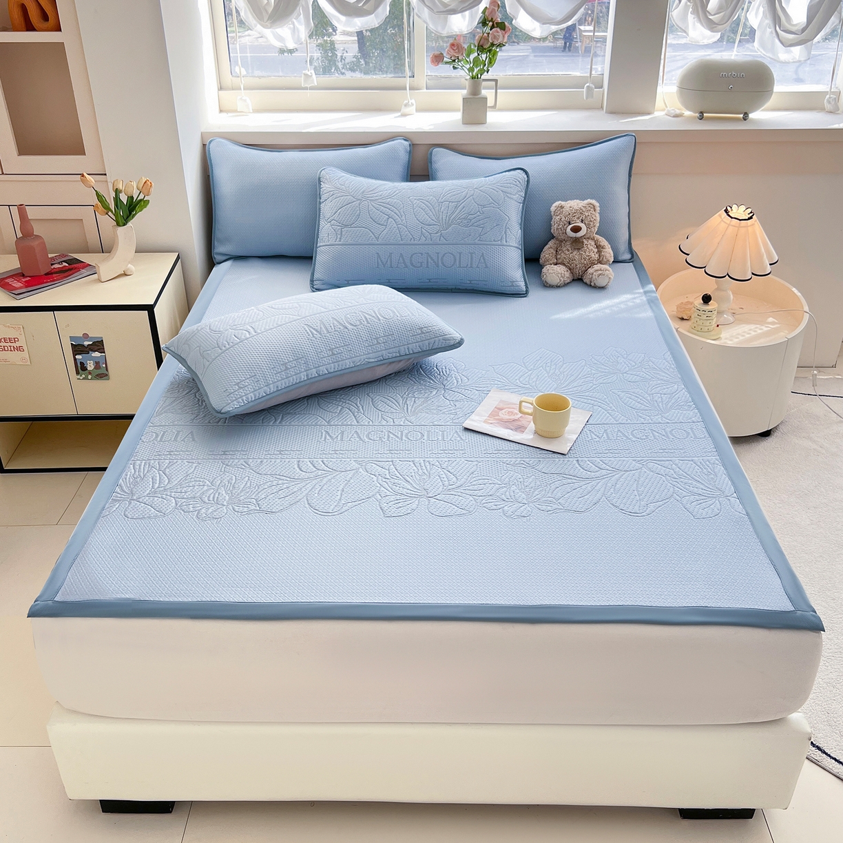 91家纺网 家纺一手货源 找家纺 能好家纺 2026新款高分子pe冰豆豆凉席床席款 半夏蓝