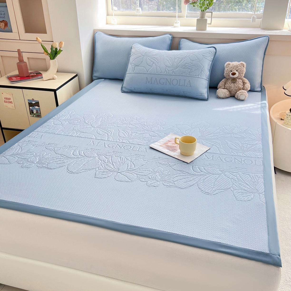 91家纺网 家纺一手货源 找家纺 能好家纺 2026新款高分子pe冰豆豆凉席床席款 半夏蓝