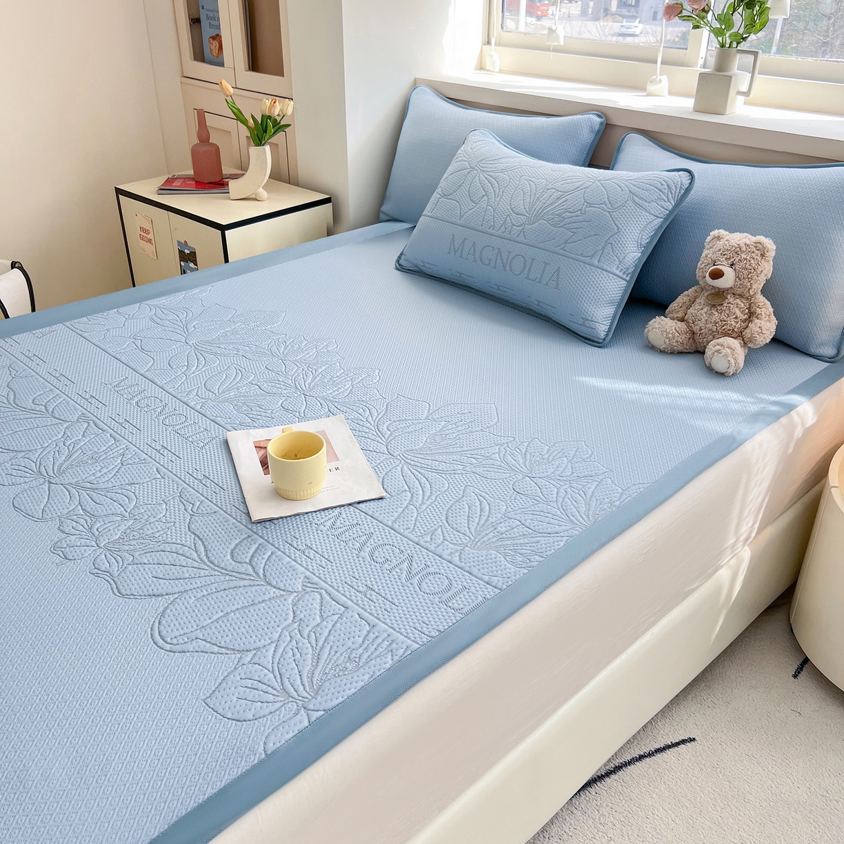 91家纺网 家纺一手货源 找家纺 能好家纺 2026新款高分子pe冰豆豆凉席床席款 半夏蓝