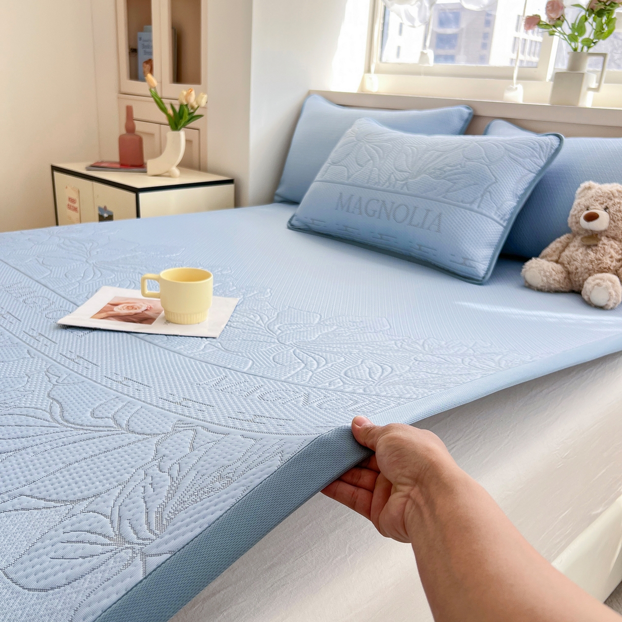 91家纺网 家纺一手货源 找家纺 能好家纺 2026新款高分子pe冰豆豆凉席床席款 半夏蓝