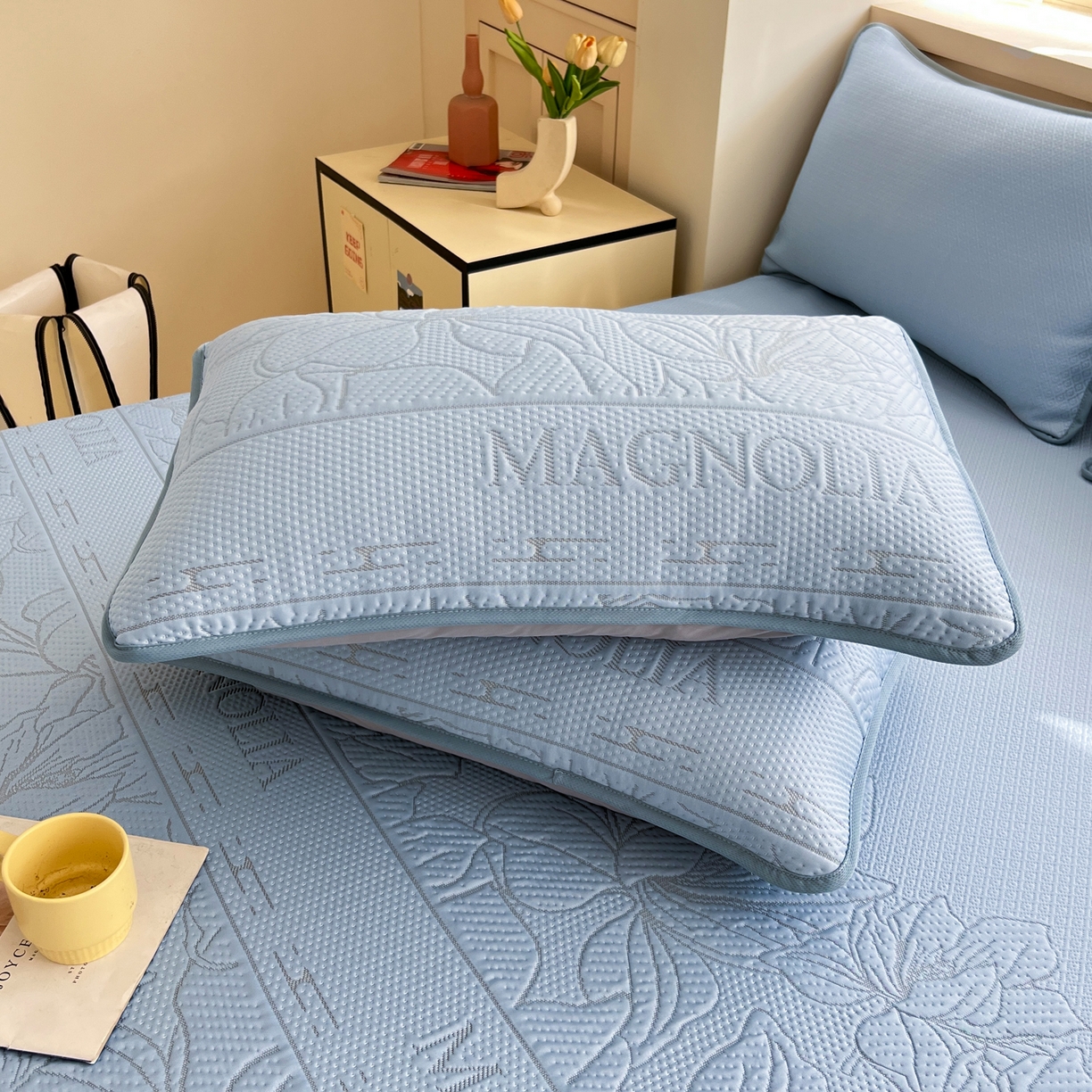 91家纺网 家纺一手货源 找家纺 能好家纺 2026新款高分子pe冰豆豆凉席床席款 半夏蓝