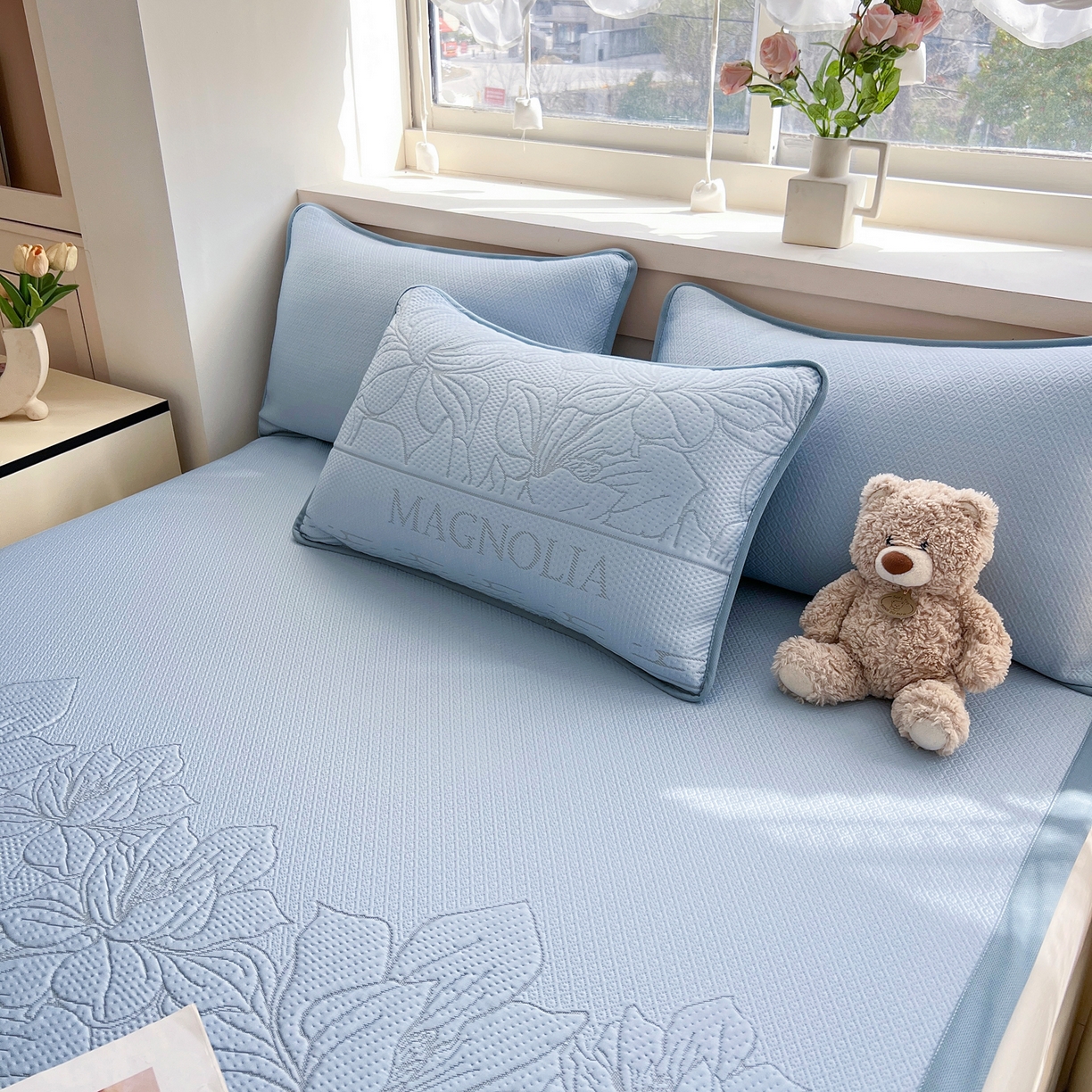 91家纺网 家纺一手货源 找家纺 能好家纺 2026新款高分子pe冰豆豆凉席床席款 半夏蓝