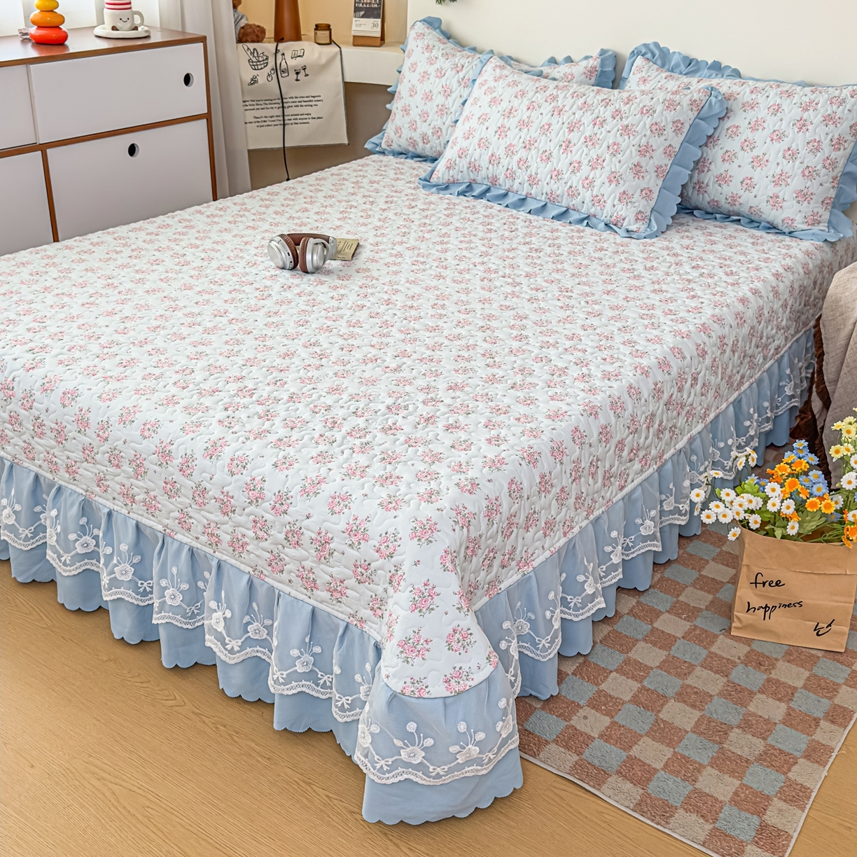 91家纺网 家纺一手货源 找家纺 雅眠居 2026新款直播爆款古法仿棉双层蕾丝花边床盖四件套 半夏