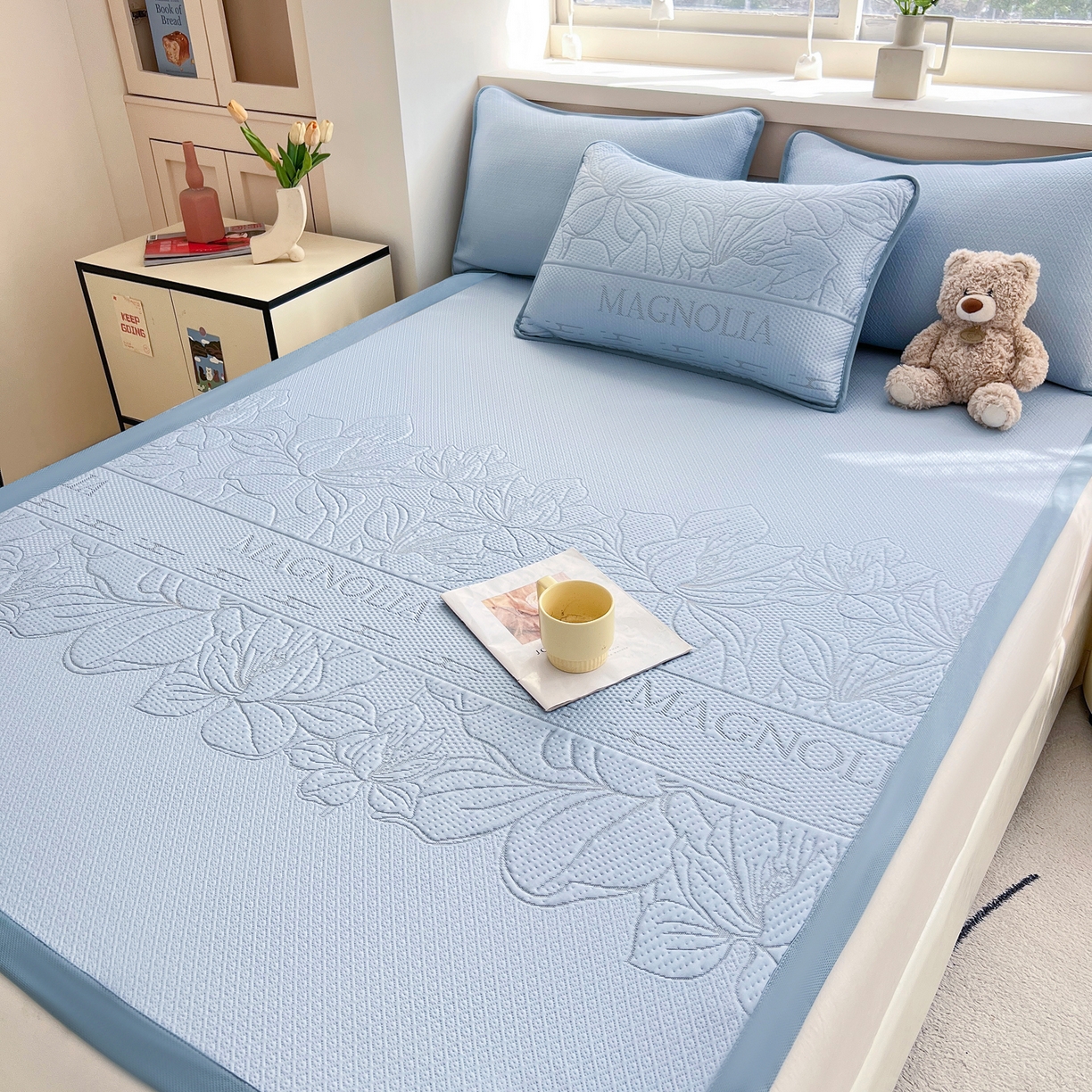 91家纺网 家纺一手货源 找家纺 能好家纺 2026新款高分子pe冰豆豆凉席床席款 半夏蓝