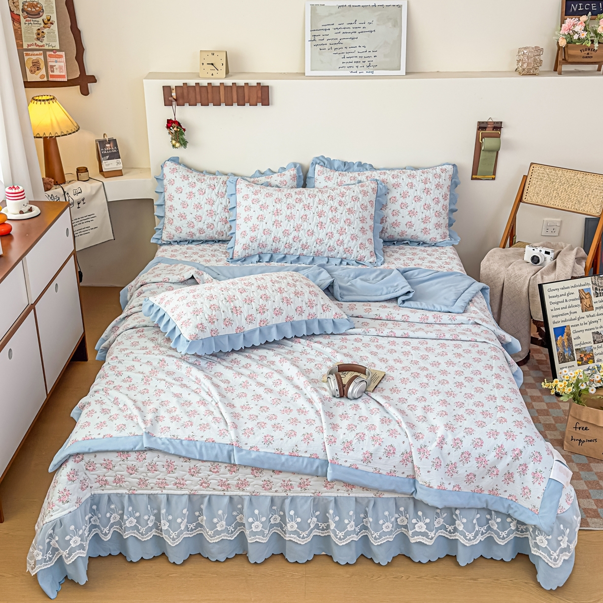 91家纺网 家纺一手货源 找家纺 雅眠居 2026新款直播爆款古法仿棉双层蕾丝花边床盖四件套 半夏