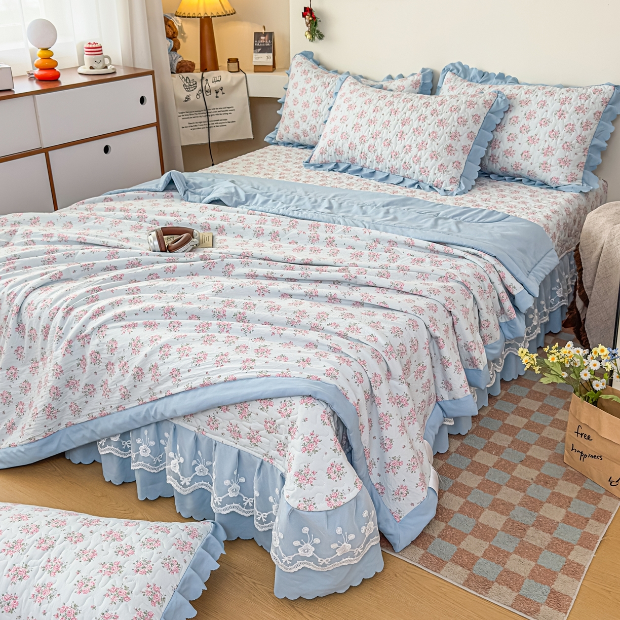 91家纺网 家纺一手货源 找家纺 雅眠居 2026新款直播爆款古法仿棉双层蕾丝花边床盖四件套 半夏