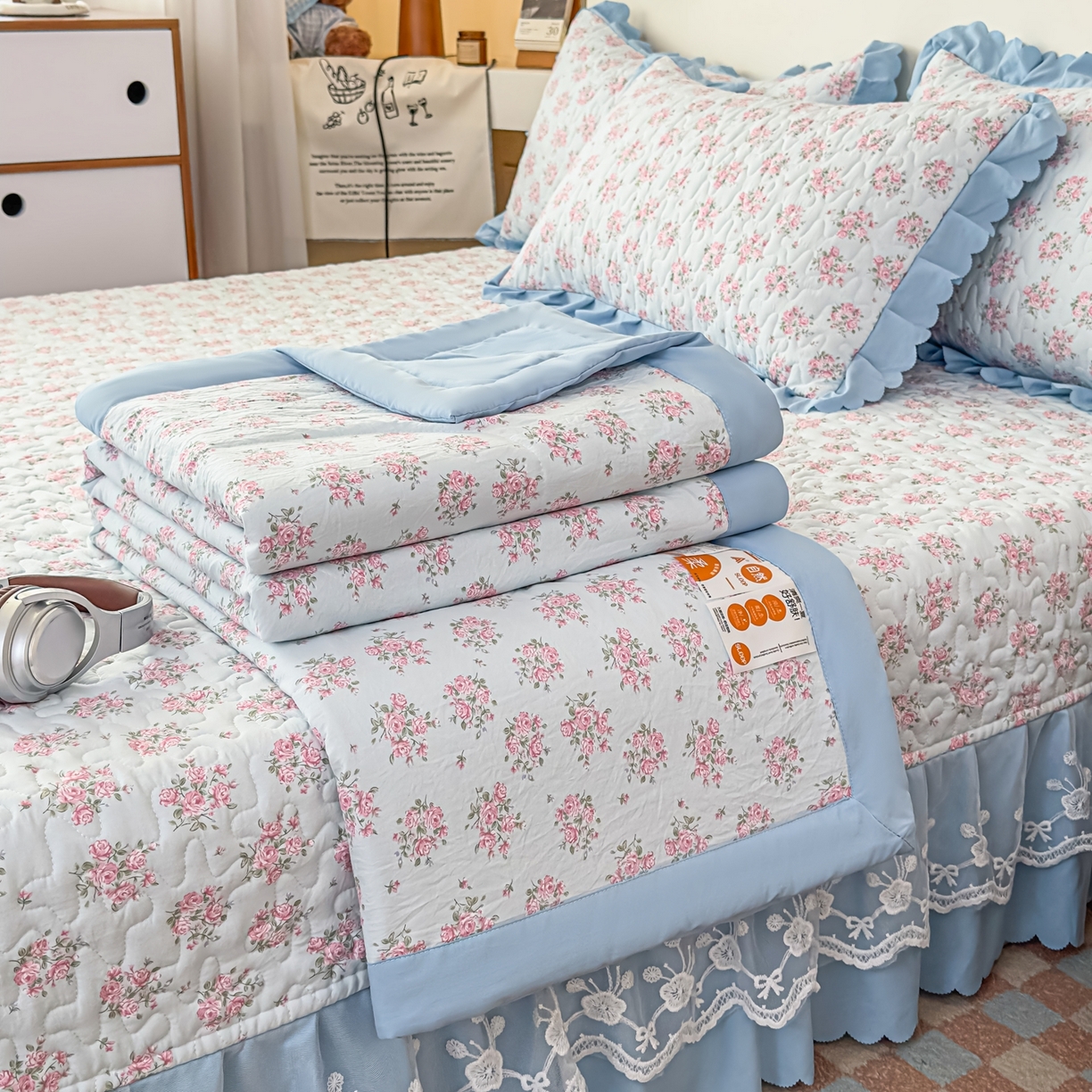 91家纺网 家纺一手货源 找家纺 雅眠居 2026新款直播爆款古法仿棉双层蕾丝花边床盖四件套 半夏