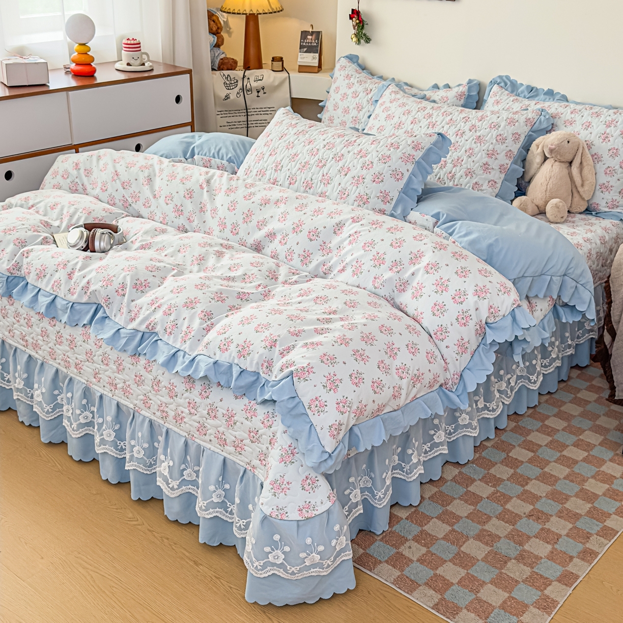 雅眠居 2026新款直播爆款古法仿棉双层蕾丝花边床盖四件套 半夏