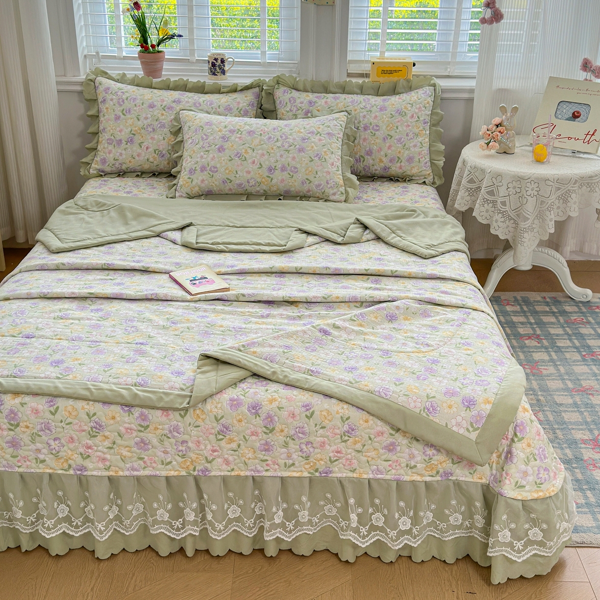 91家纺网 家纺一手货源 找家纺 雅眠居 2026新款直播爆款古法仿棉双层蕾丝花边床盖四件套 花海