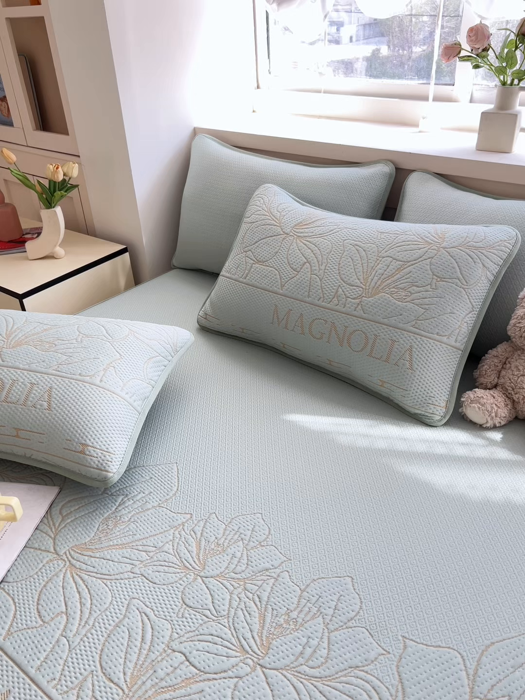 91家纺网 家纺一手货源 找家纺 能好家纺 2026新款高分子pe冰豆豆凉席床席款 半夏蓝