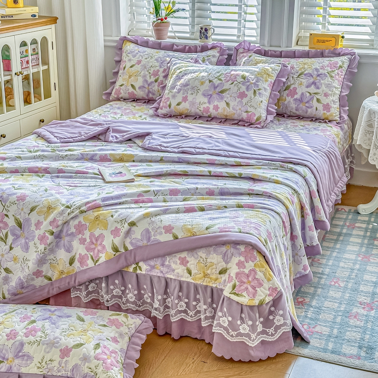 91家纺网 家纺一手货源 找家纺 雅眠居 2026新款直播爆款古法仿棉双层蕾丝花边床盖四件套 盛夏