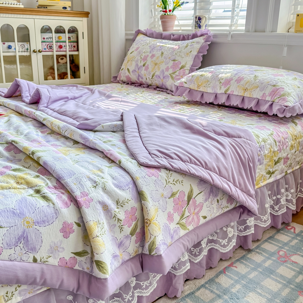 91家纺网 家纺一手货源 找家纺 雅眠居 2026新款直播爆款古法仿棉双层蕾丝花边床盖四件套 盛夏