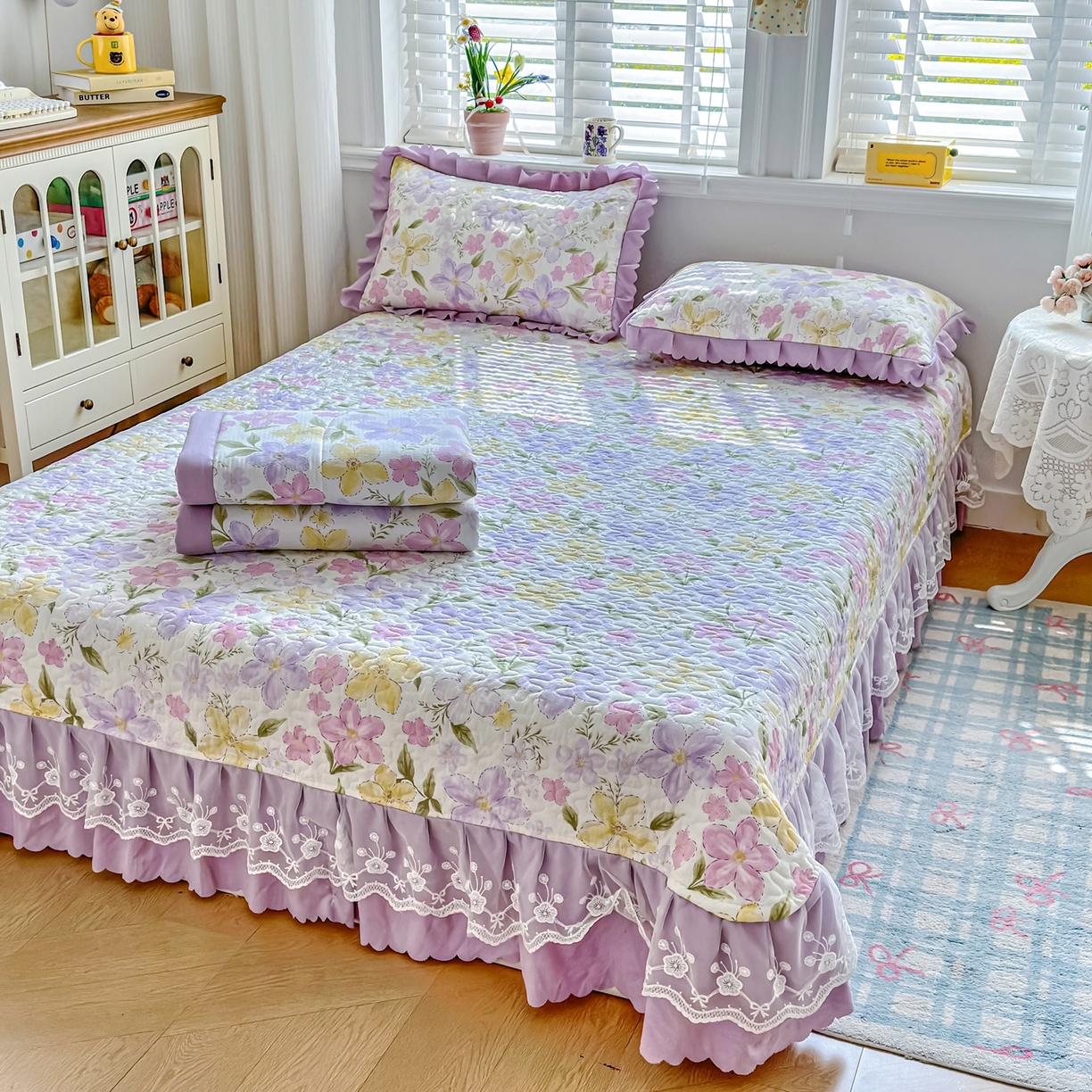 91家纺网 家纺一手货源 找家纺 雅眠居 2026新款直播爆款古法仿棉双层蕾丝花边床盖四件套 盛夏