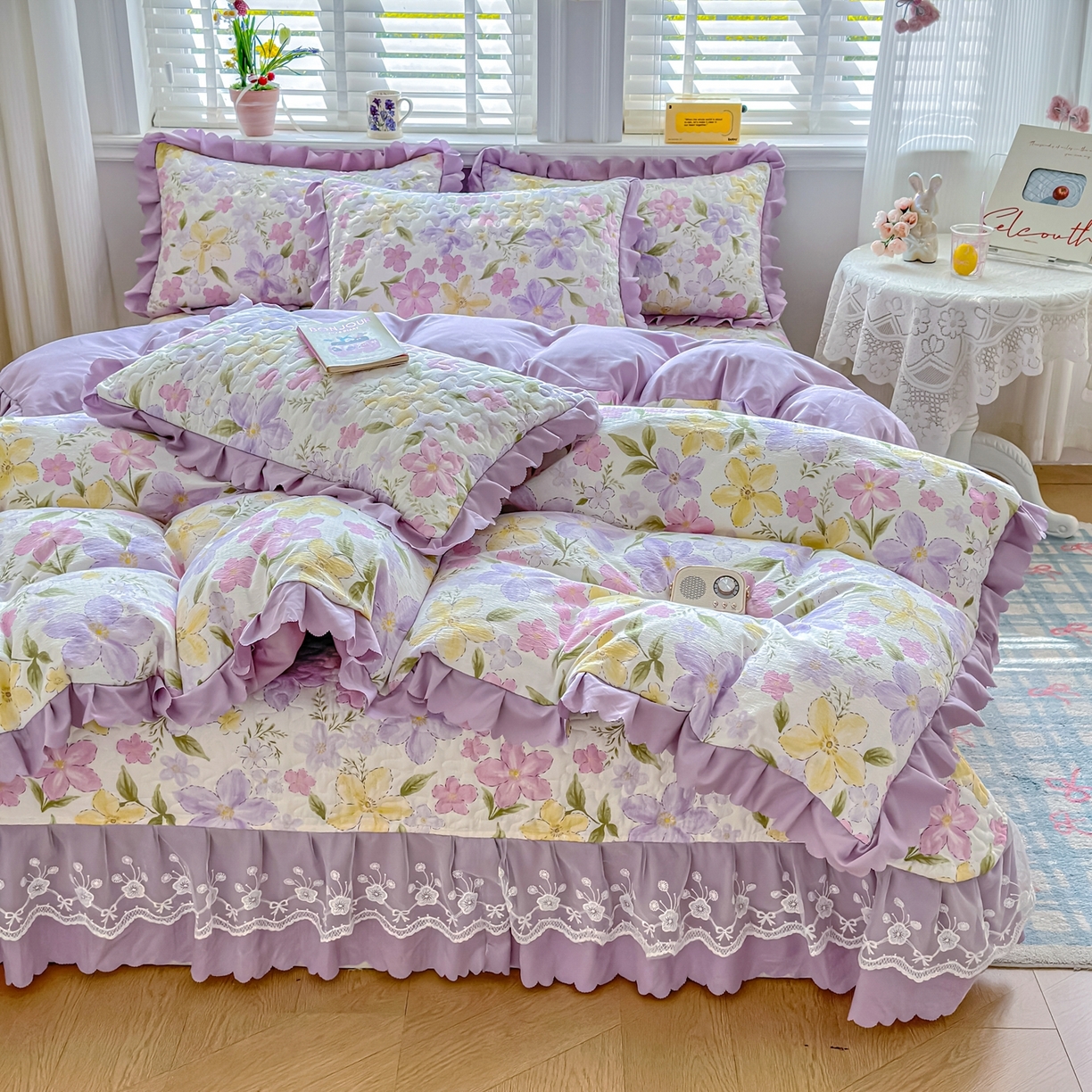 91家纺网 家纺一手货源 找家纺 雅眠居 2026新款直播爆款古法仿棉双层蕾丝花边床盖四件套 盛夏