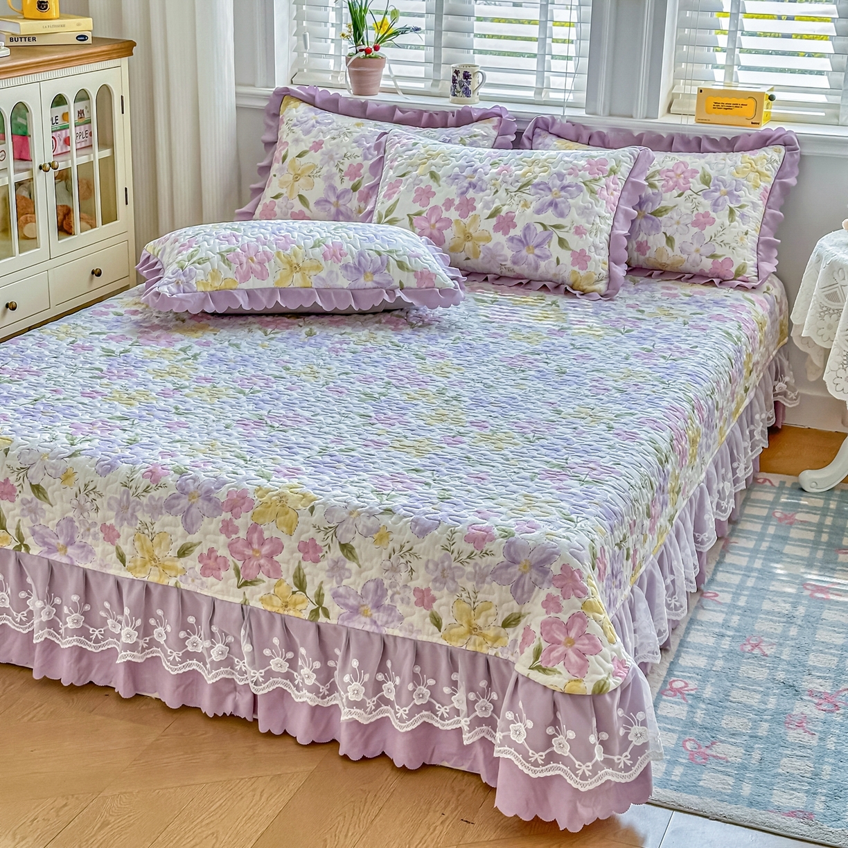 91家纺网 家纺一手货源 找家纺 雅眠居 2026新款直播爆款古法仿棉双层蕾丝花边床盖四件套 盛夏