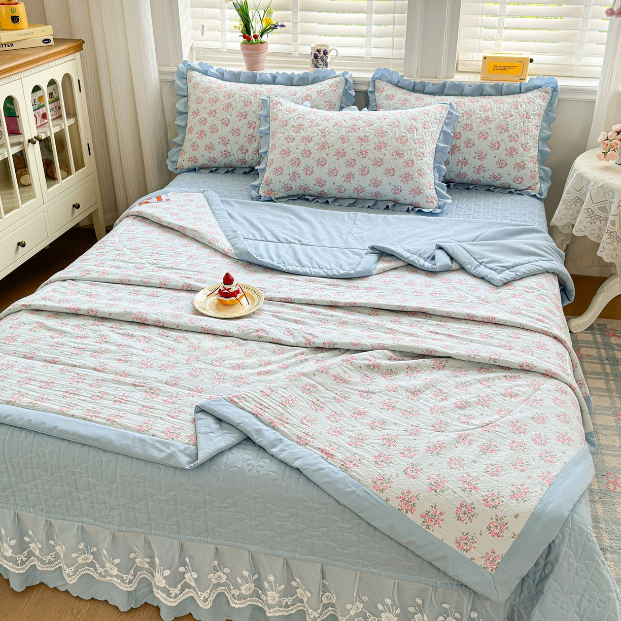 91家纺网 家纺一手货源 找家纺 雅眠居 2026新款直播爆款古法仿棉双层蕾丝花边床盖四件套 AB版-半夏