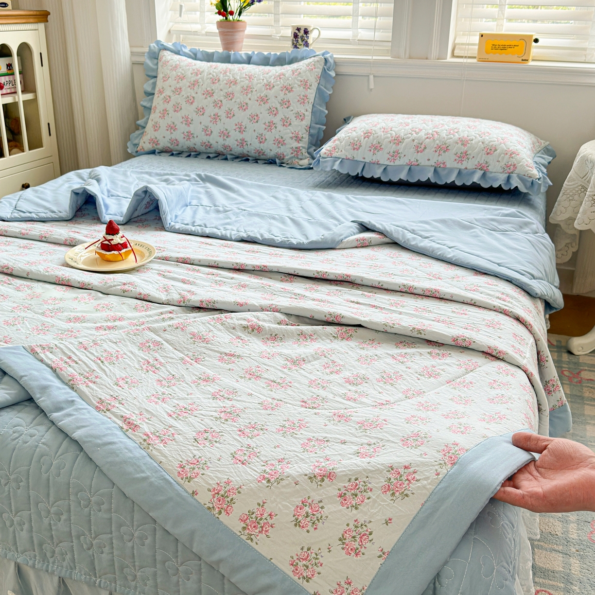 91家纺网 家纺一手货源 找家纺 雅眠居 2026新款直播爆款古法仿棉双层蕾丝花边床盖四件套 AB版-半夏