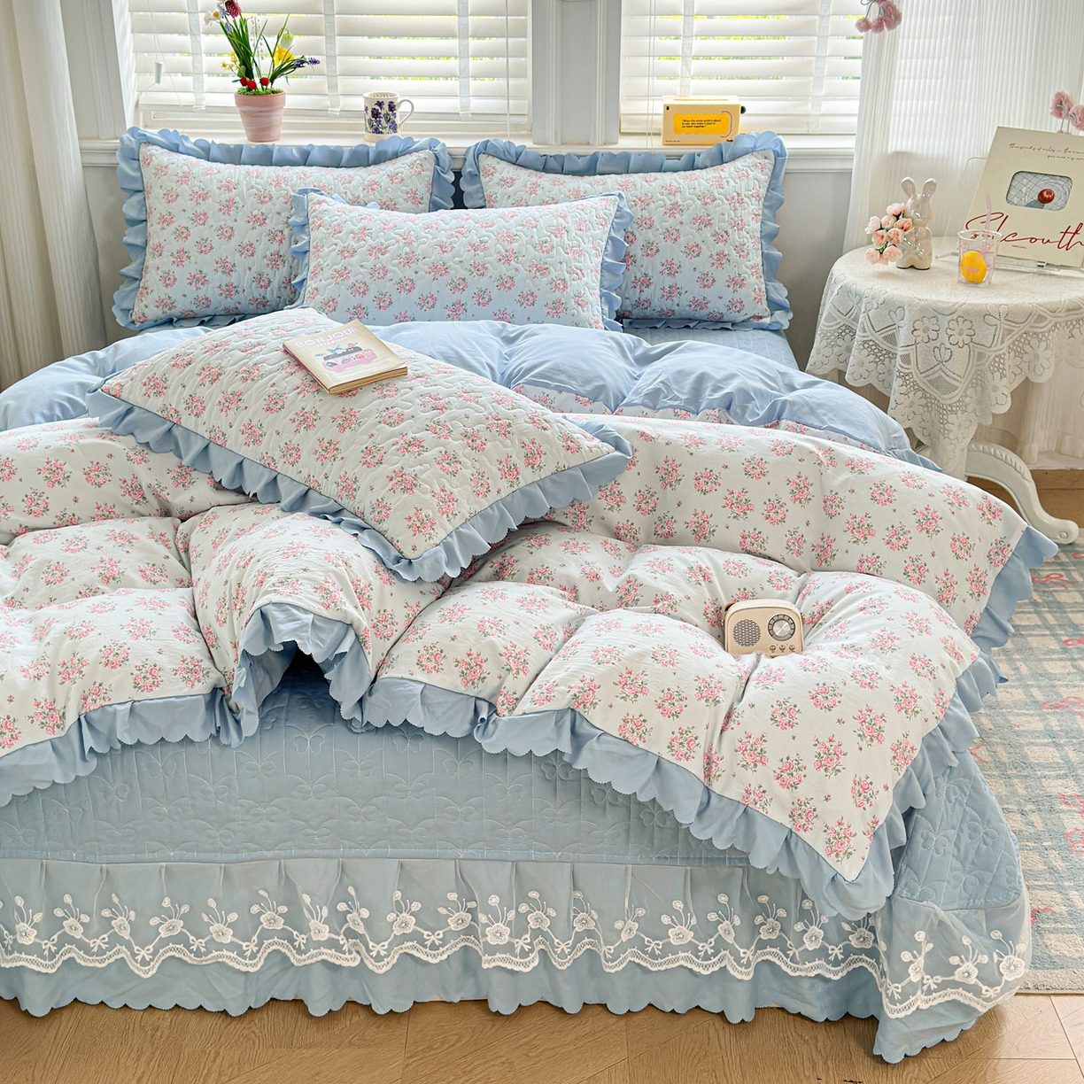 91家纺网 家纺一手货源 找家纺 雅眠居 2026新款直播爆款古法仿棉双层蕾丝花边床盖四件套 AB版-半夏