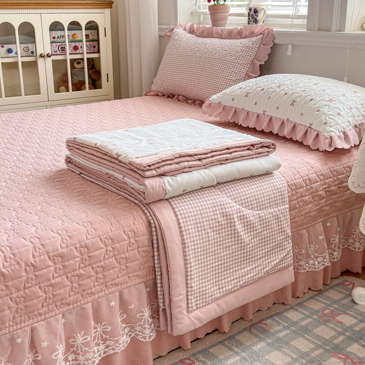 91家纺网 家纺一手货源 找家纺 雅眠居 2026新款直播爆款古法仿棉双层蕾丝花边床盖四件套 AB版-彩格粉