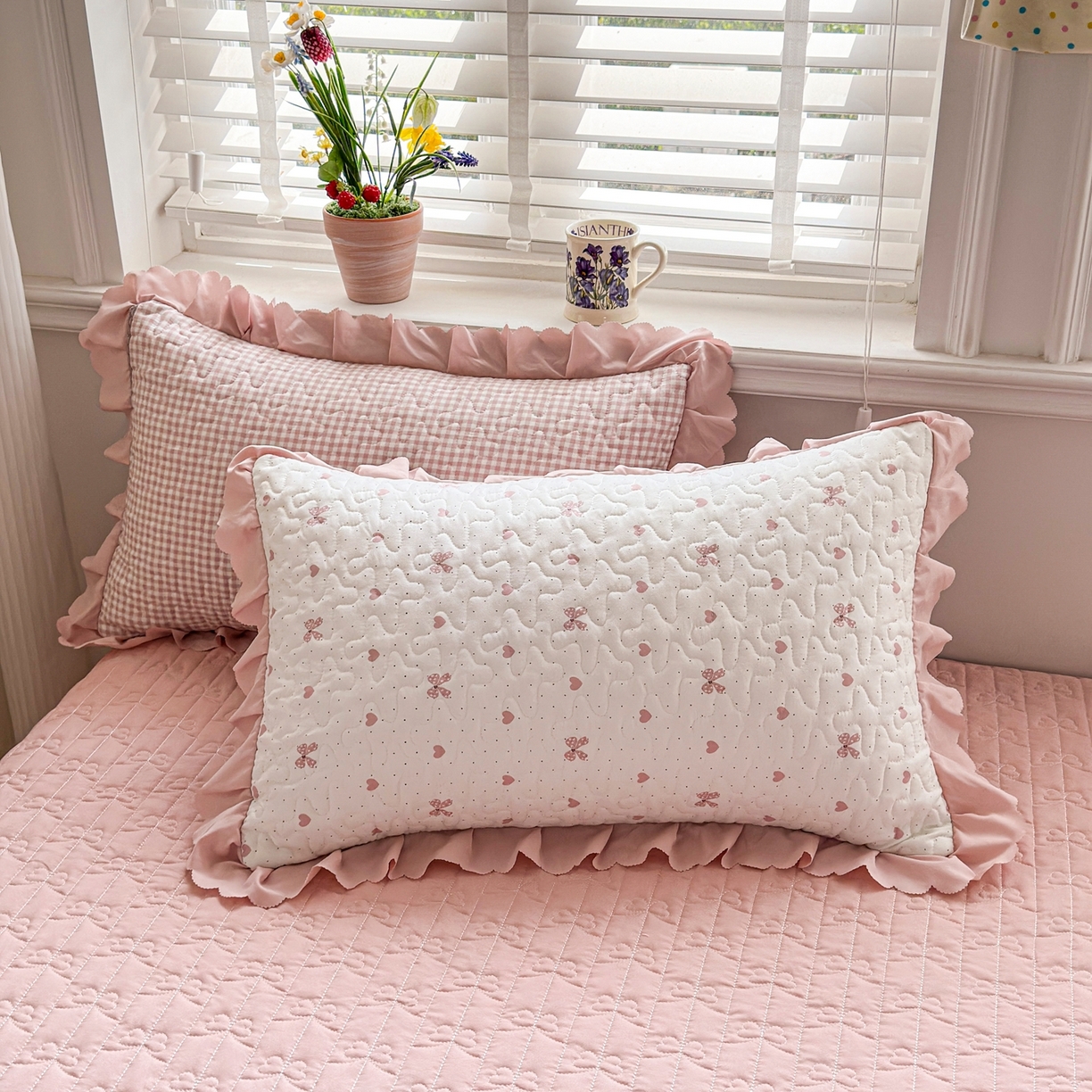 91家纺网 家纺一手货源 找家纺 雅眠居 2026新款直播爆款古法仿棉双层蕾丝花边床盖四件套 AB版-彩格粉