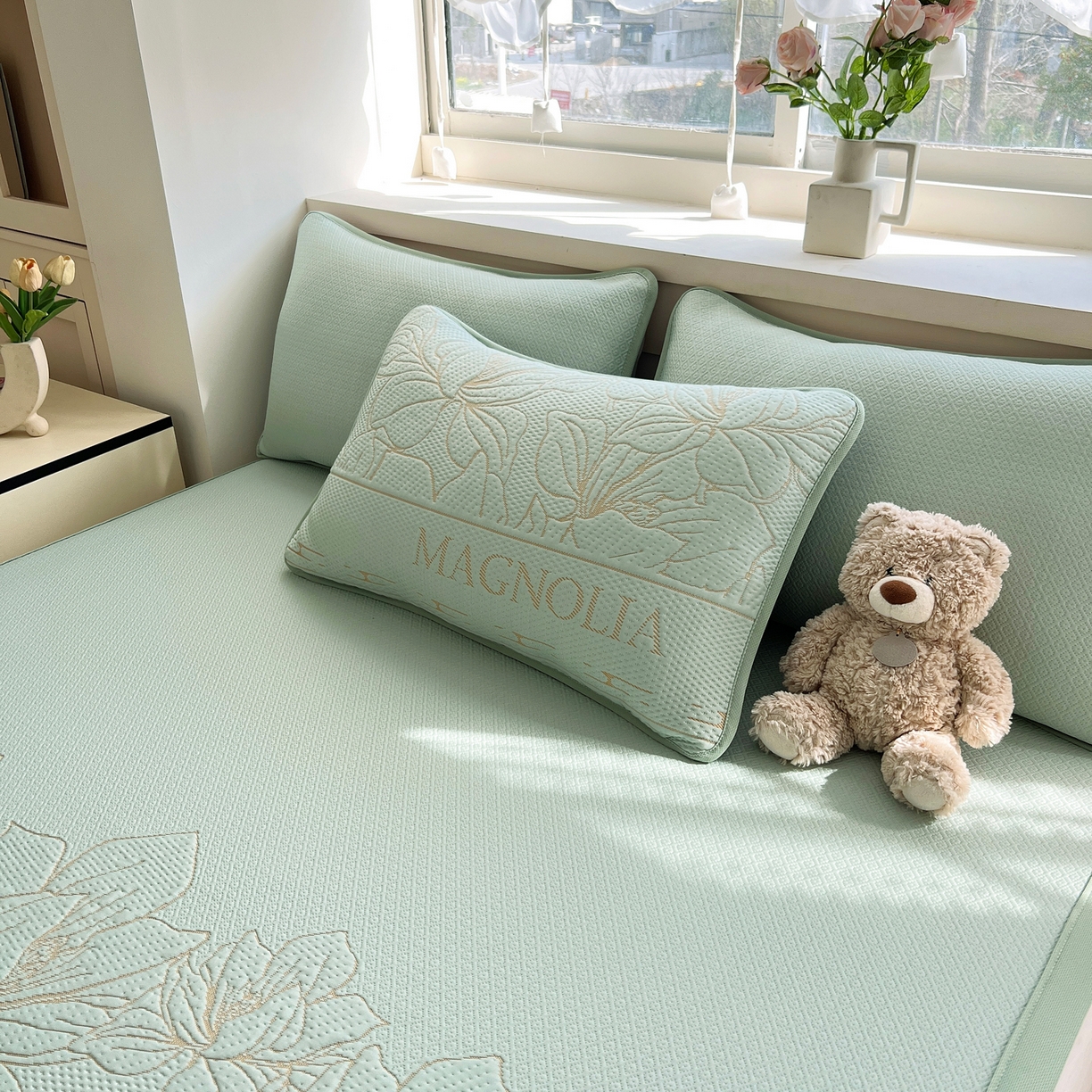 91家纺网 家纺一手货源 找家纺 能好家纺 2026新款高分子pe冰豆豆凉席床席款 半夏绿