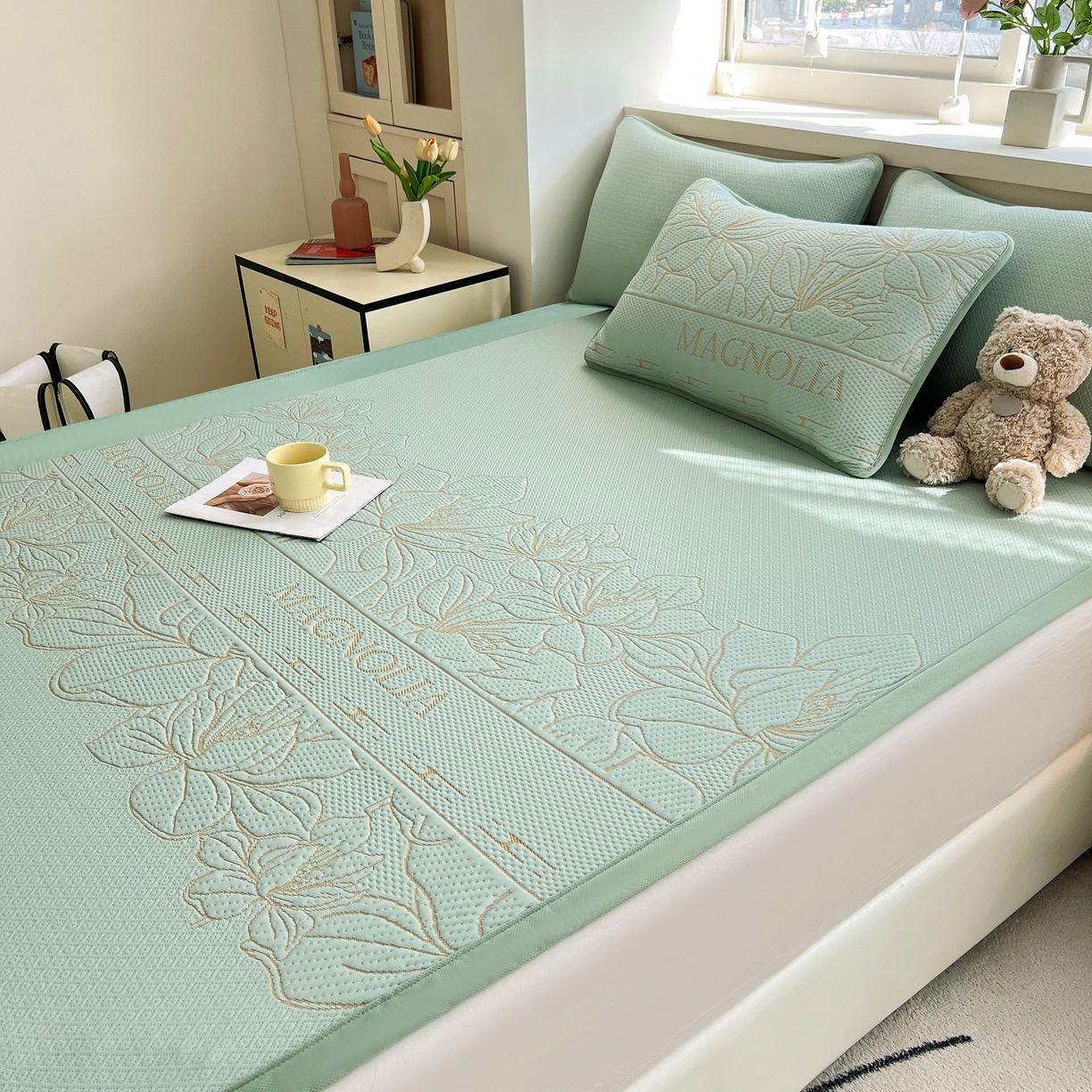 91家纺网 家纺一手货源 找家纺 能好家纺 2026新款高分子pe冰豆豆凉席床席款 半夏绿