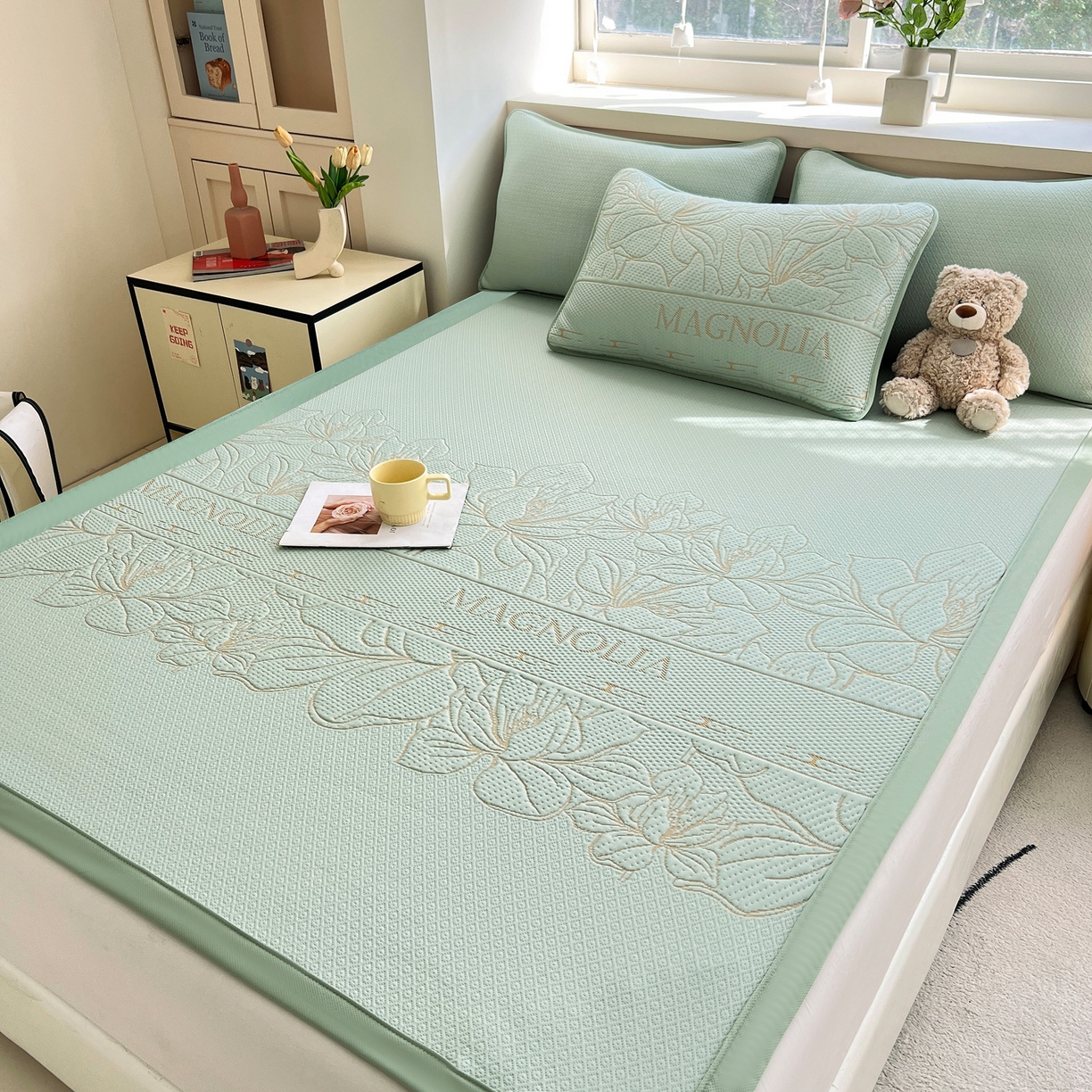 91家纺网 家纺一手货源 找家纺 能好家纺 2026新款高分子pe冰豆豆凉席床席款 半夏绿