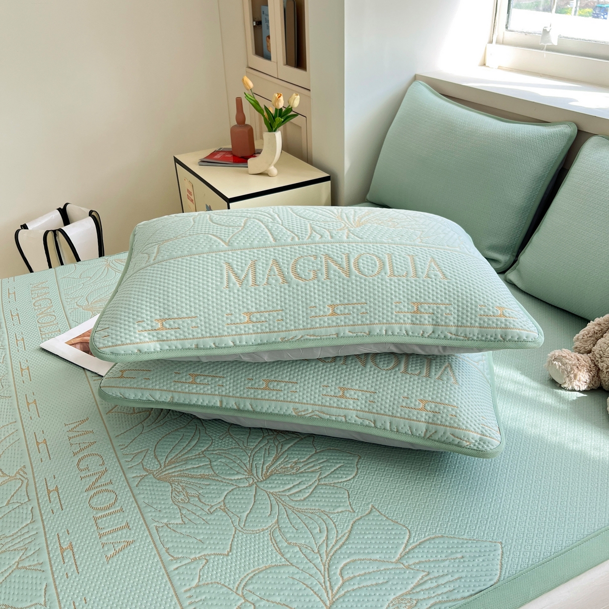 91家纺网 家纺一手货源 找家纺 能好家纺 2026新款高分子pe冰豆豆凉席床席款 半夏绿