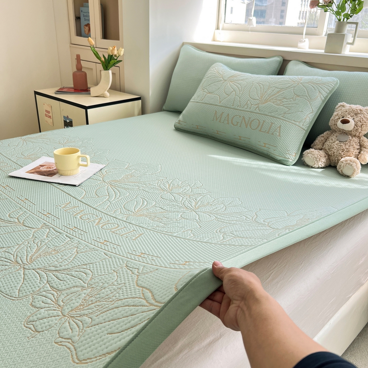 91家纺网 家纺一手货源 找家纺 能好家纺 2026新款高分子pe冰豆豆凉席床席款 半夏绿