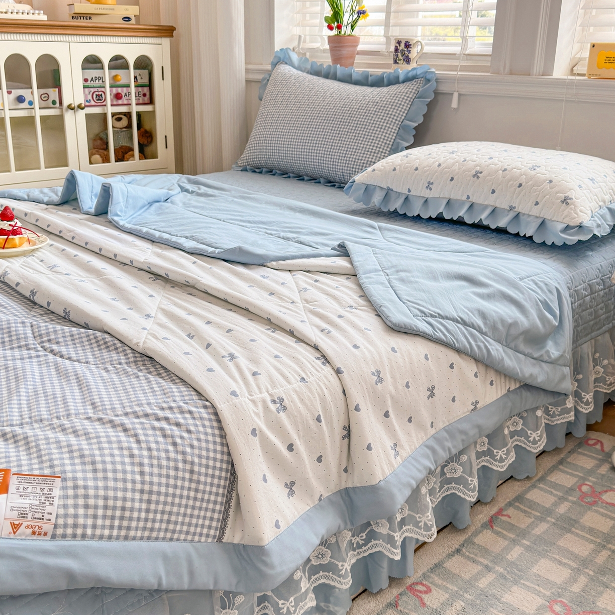 91家纺网 家纺一手货源 找家纺 雅眠居 2026新款直播爆款古法仿棉双层蕾丝花边床盖四件套 AB版-彩格蓝