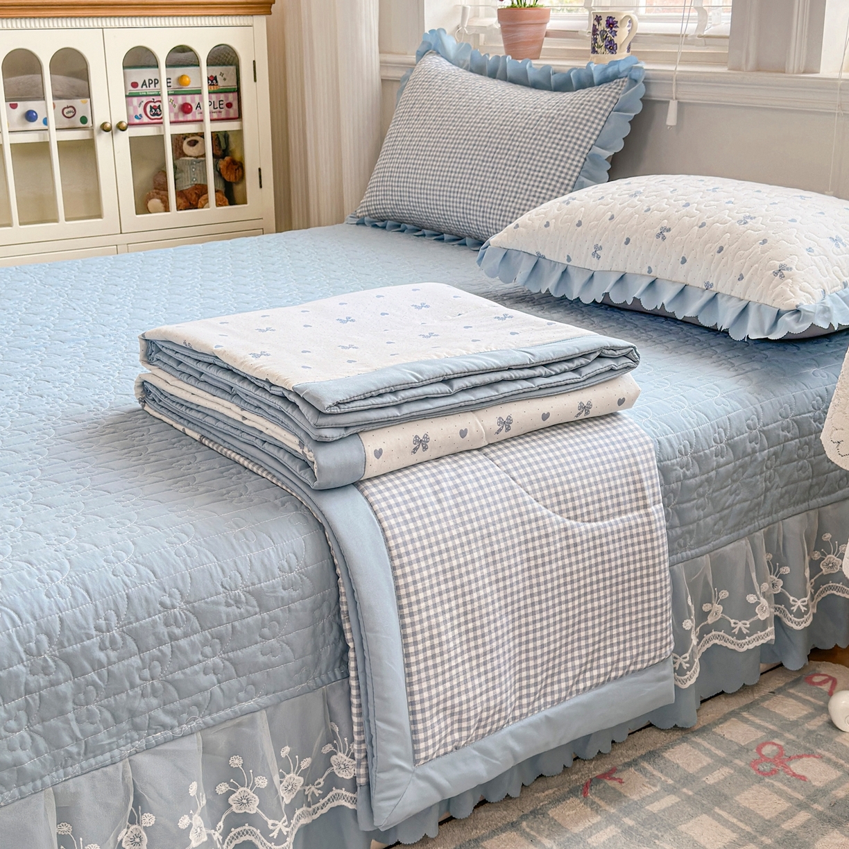 91家纺网 家纺一手货源 找家纺 雅眠居 2026新款直播爆款古法仿棉双层蕾丝花边床盖四件套 AB版-彩格蓝