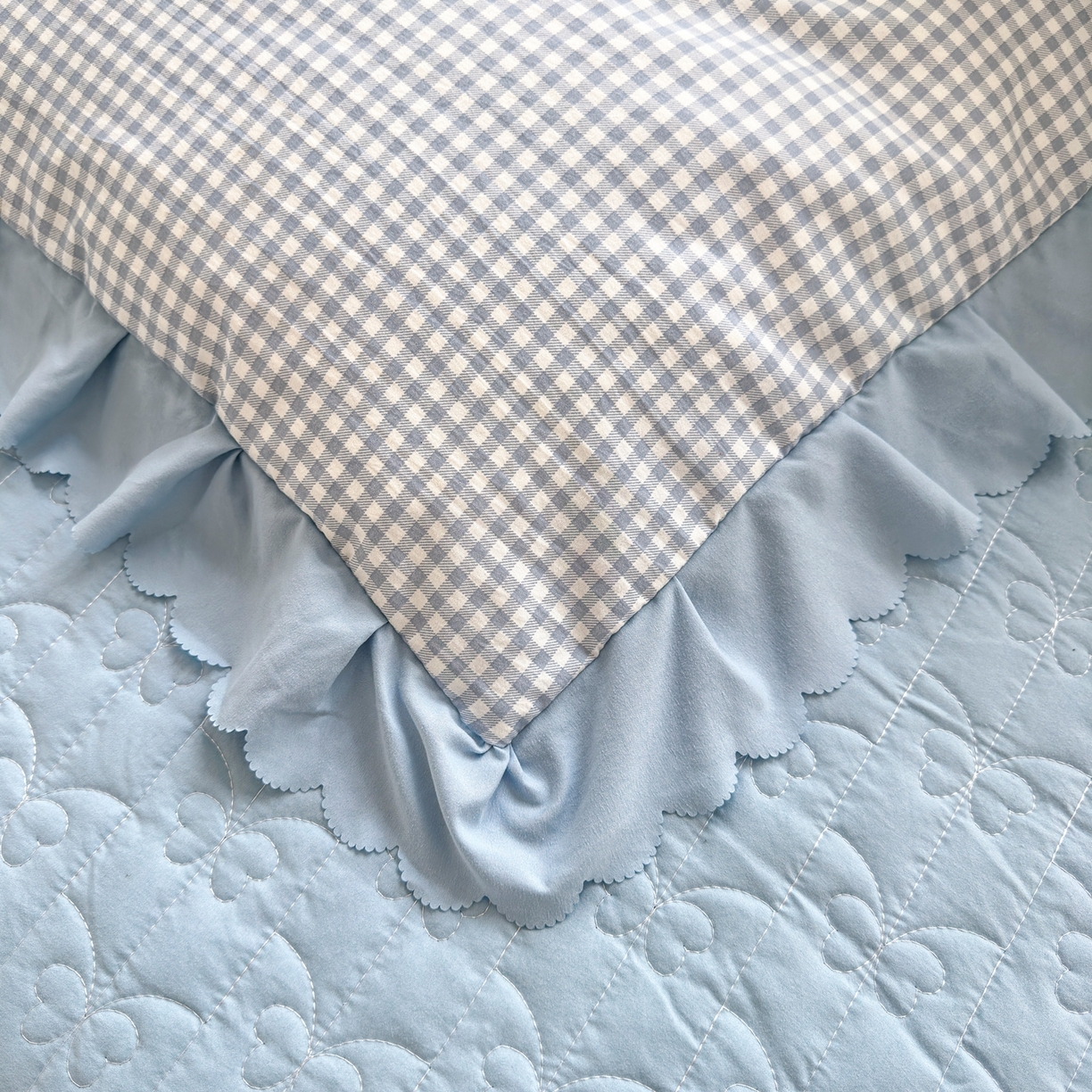 91家纺网 家纺一手货源 找家纺 雅眠居 2026新款直播爆款古法仿棉双层蕾丝花边床盖四件套 AB版-彩格蓝