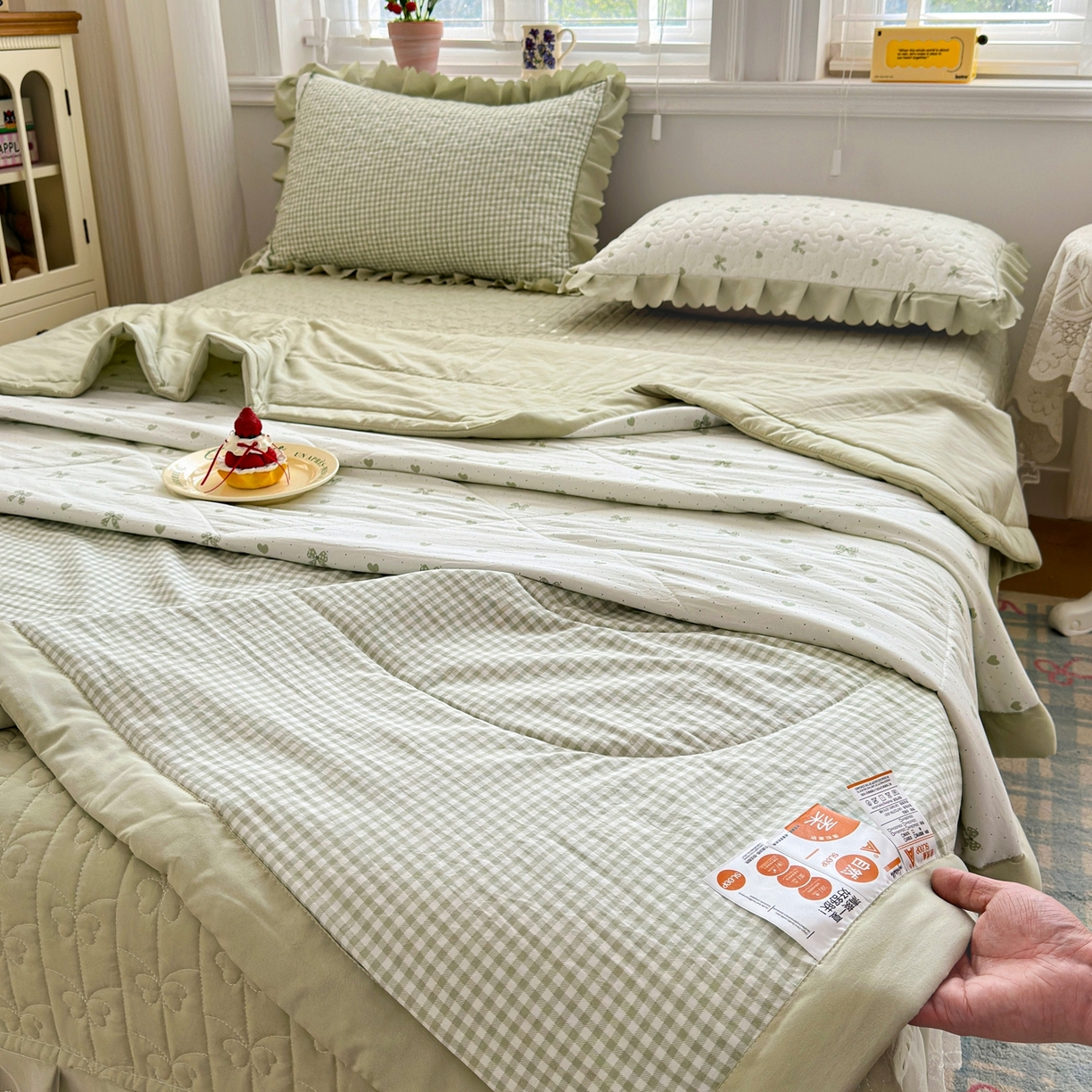 91家纺网 家纺一手货源 找家纺 雅眠居 2026新款直播爆款古法仿棉双层蕾丝花边床盖四件套 AB版-彩格绿