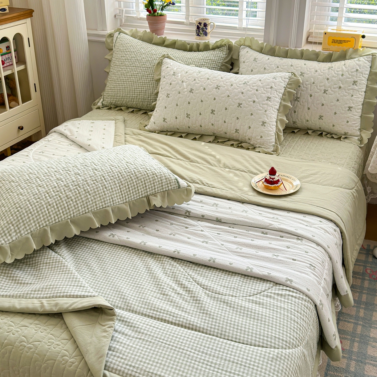 91家纺网 家纺一手货源 找家纺 雅眠居 2026新款直播爆款古法仿棉双层蕾丝花边床盖四件套 AB版-彩格绿