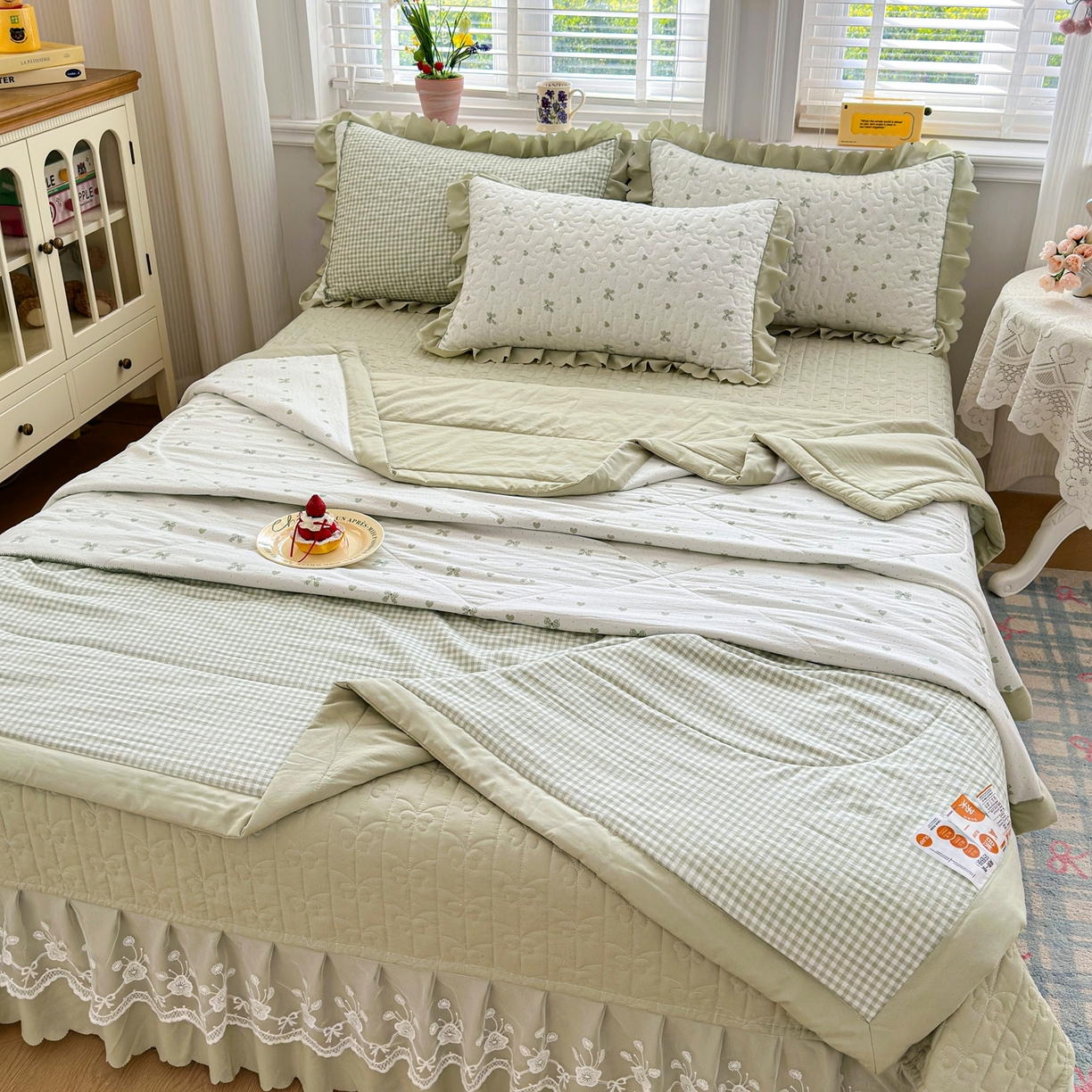 91家纺网 家纺一手货源 找家纺 雅眠居 2026新款直播爆款古法仿棉双层蕾丝花边床盖四件套 AB版-彩格绿