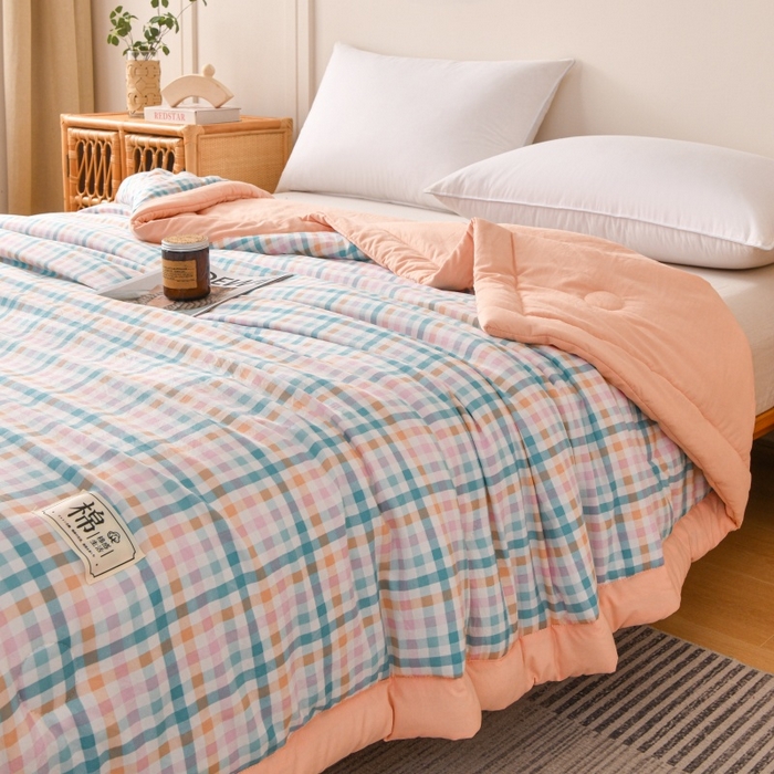 91家纺网 家纺一手货源 找家纺 好梦来家纺【高克重】2026新品水洗棉新疆棉花夏被无印风夏被良品格子空调被被子被芯 彩虹格