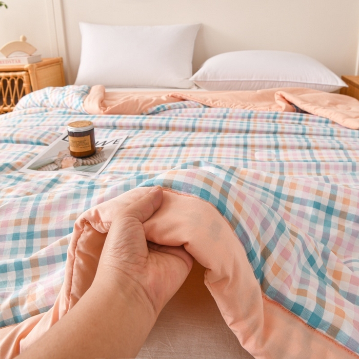 91家纺网 家纺一手货源 找家纺 好梦来家纺【高克重】2026新品水洗棉新疆棉花夏被无印风夏被良品格子空调被被子被芯 彩虹格