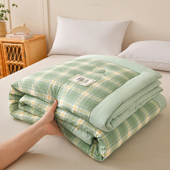 91家纺网 家纺一手货源 找家纺 好梦来家纺【高克重】2026新品水洗棉新疆棉花夏被无印风夏被良品格子空调被被子被芯 翡翠绿