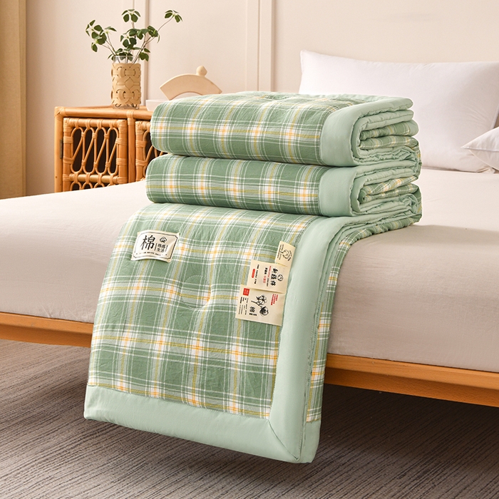 91家纺网 家纺一手货源 找家纺 好梦来家纺【高克重】2026新品水洗棉新疆棉花夏被无印风夏被良品格子空调被被子被芯 翡翠绿